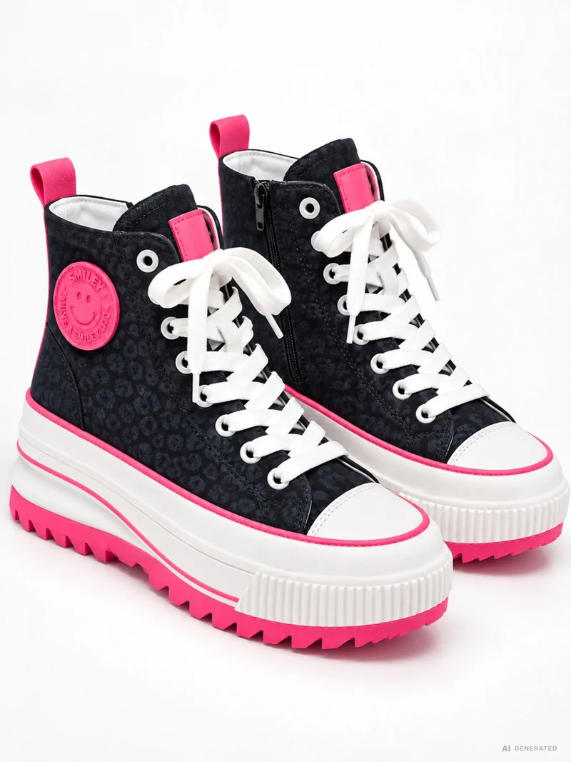 Damen High-Top Sneaker in Dunkelblau mit Leo-Print & Pink