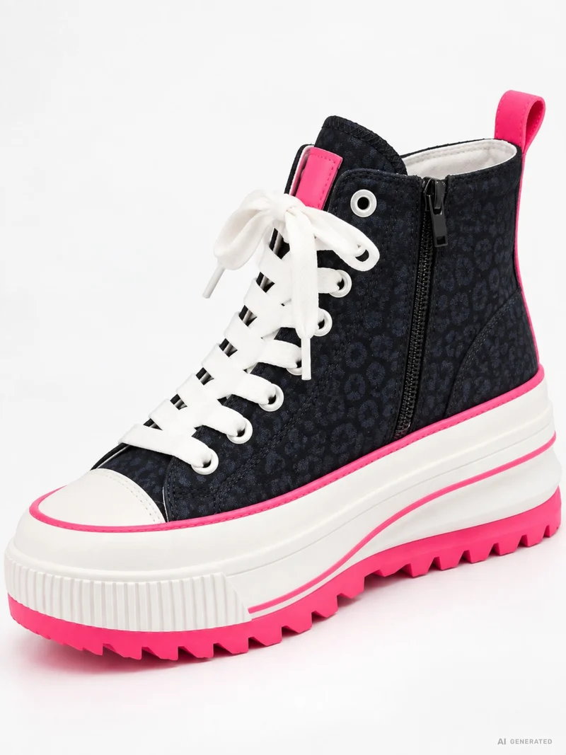Damen High-Top Sneaker in Dunkelblau mit Leo-Print & Pink