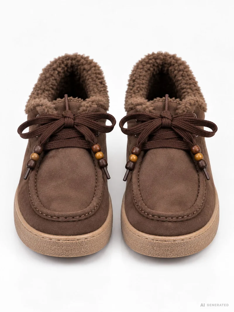 Damen Schnürschuhe in Braun mit Teddyfutter & Perlendetails