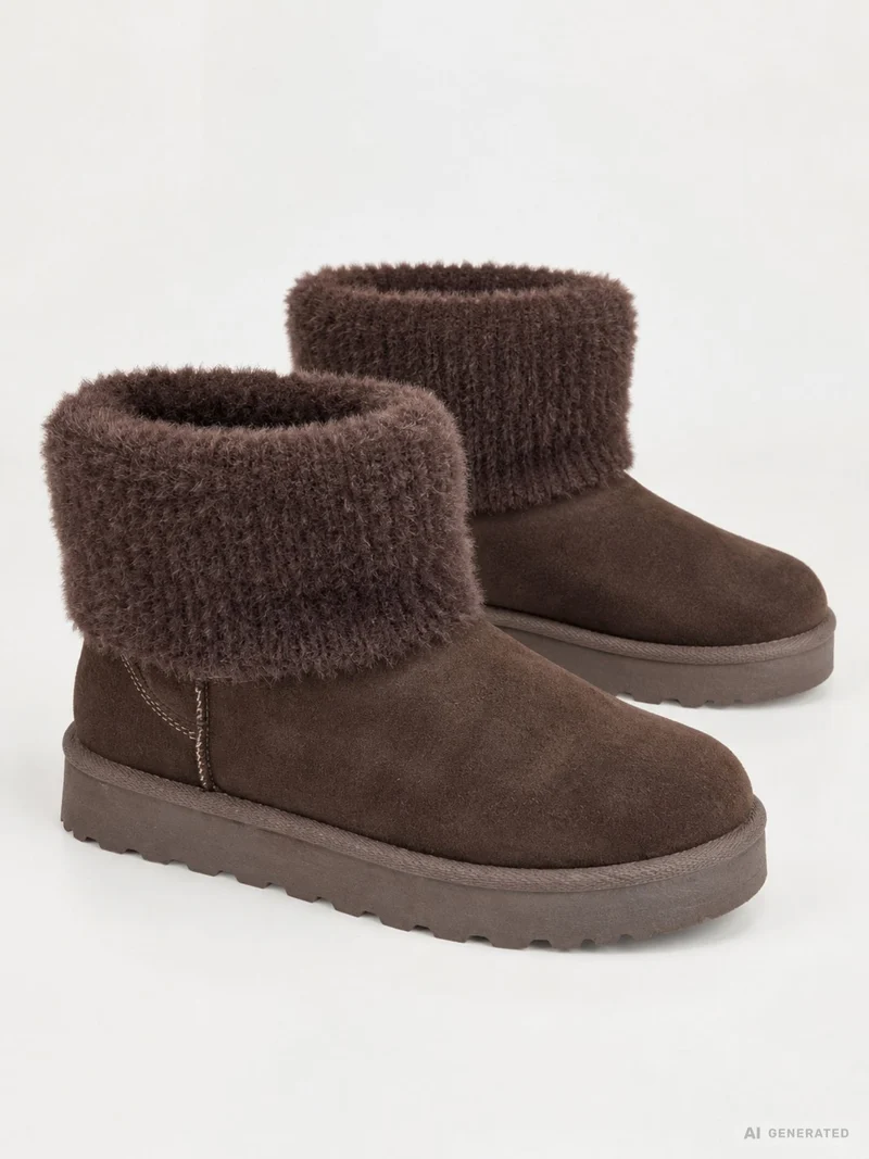 Kuschelige Damen Boots in Braun mit Strickkragen