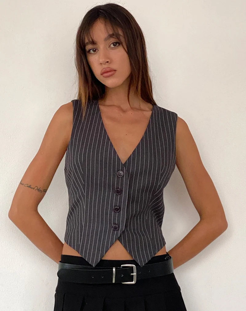Canta Tailored Vest Top in Dunkelgrau mit Nadelstreifen