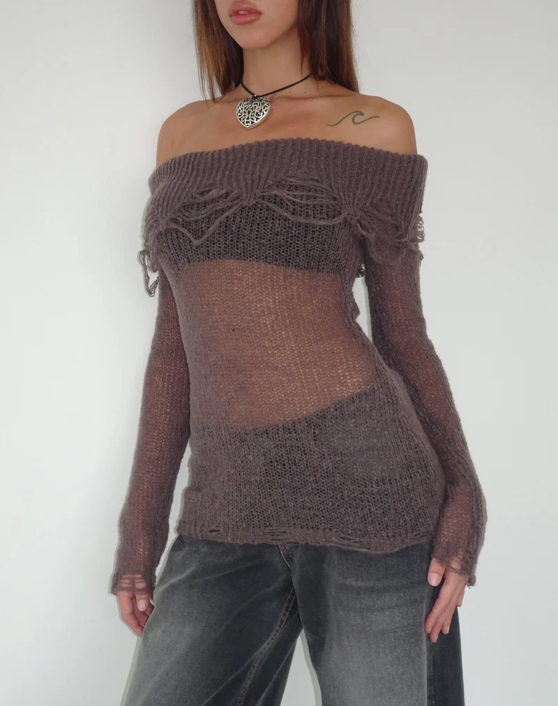 Milena Distress Knit Langarm Bardot Top in Maroon