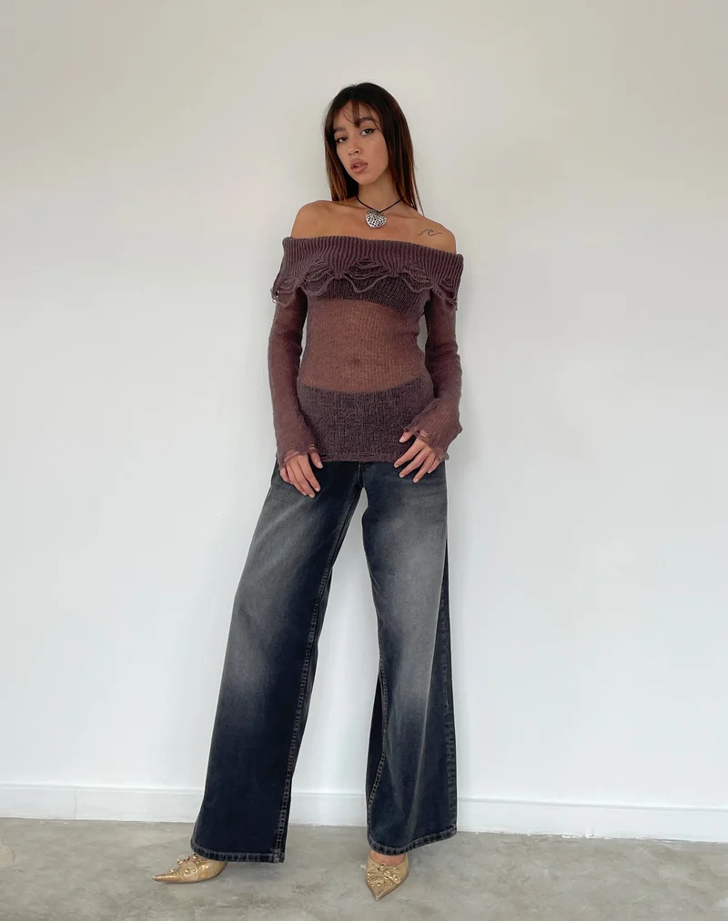 Milena Distress Knit Langarm Bardot Top in Maroon