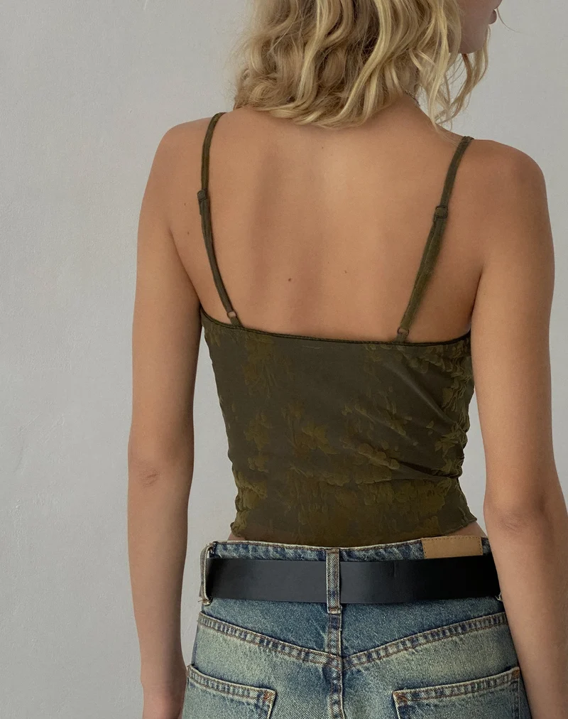 Halusi Crop Top in Abstrakt Botanisch Dunkel-Oliv