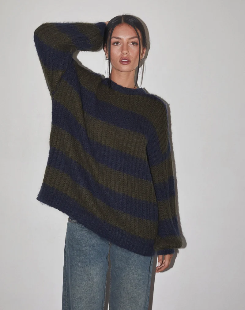 Daren Gestrickter Pullover in Übergröße in Khaki und Marineblau gestreift