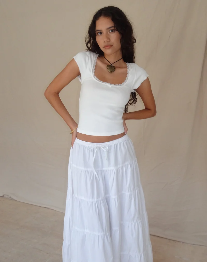 Bovillo Tee mit Spitzenbesatz aus geripptem Off White