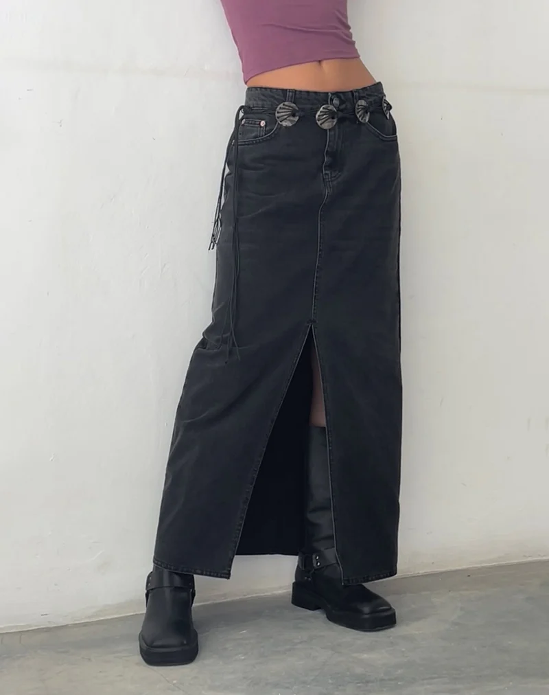 Niedrig geschnittener Denim-Maxirock in Vintage Schwarz