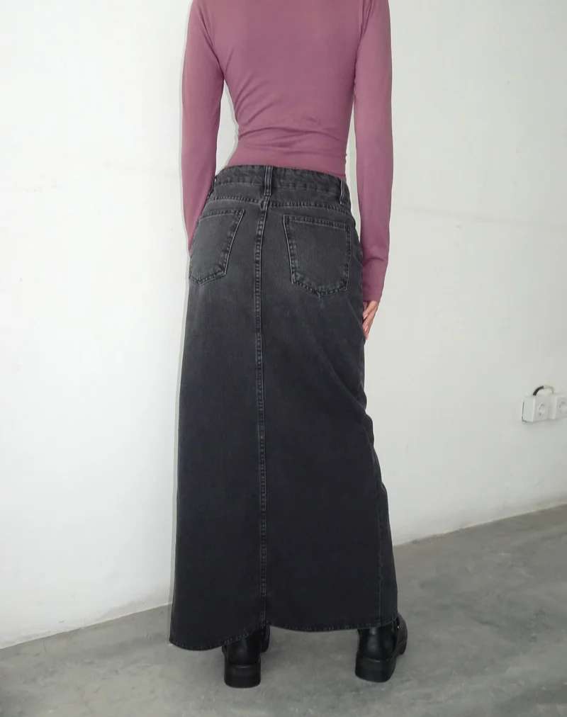 Niedrig geschnittener Denim-Maxirock in Vintage Schwarz