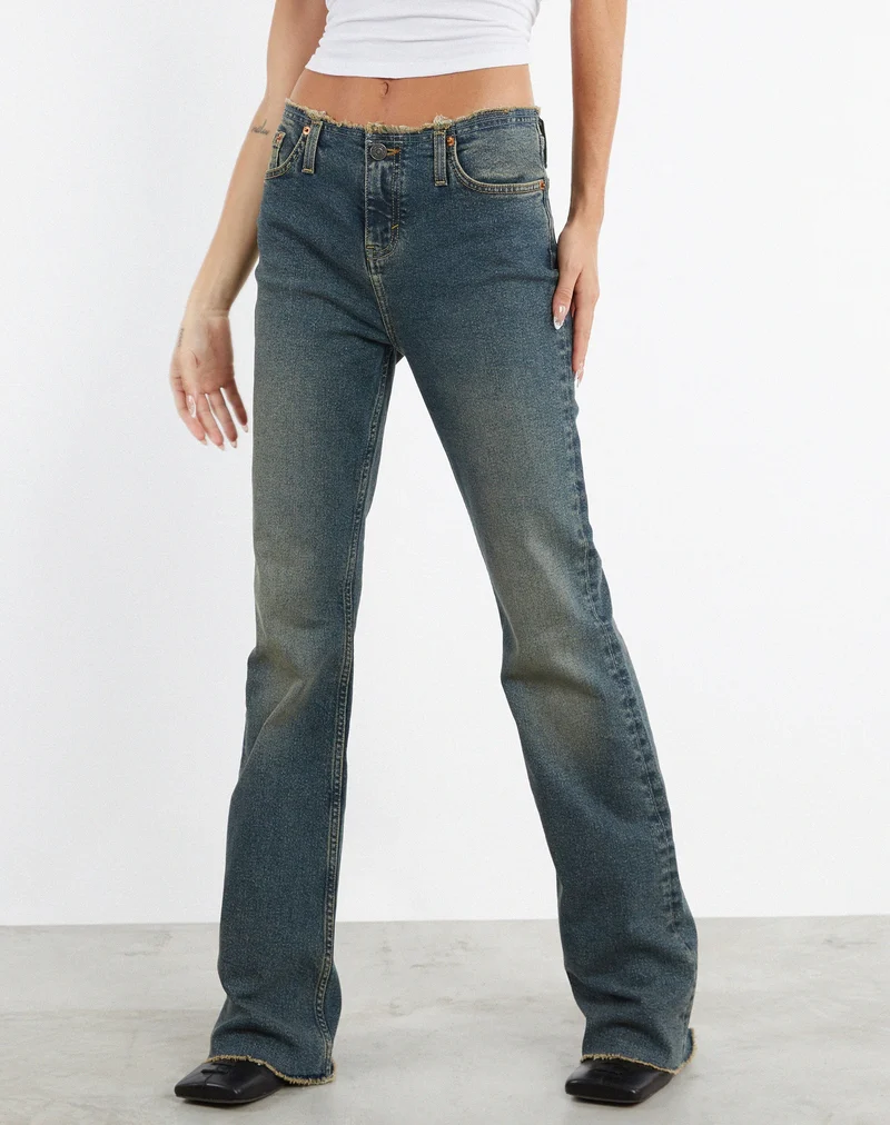 Ausgefranste Low Rise Jeans in Braun und Blau Acid
