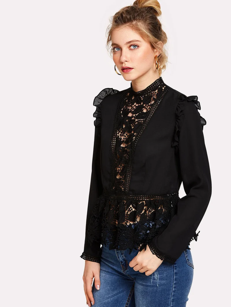 Frilled Shoulder Lace Insert Peplum Top