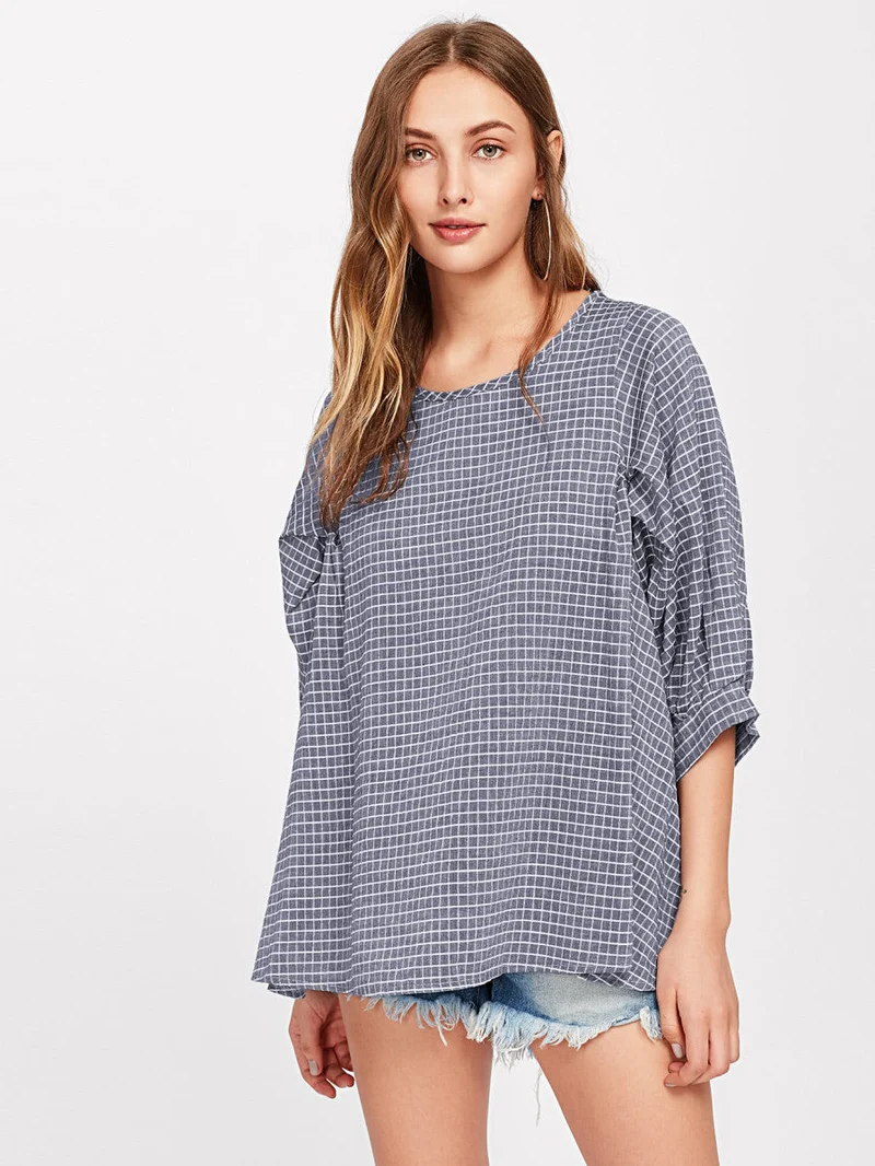 Grid Dip Hem Blouse