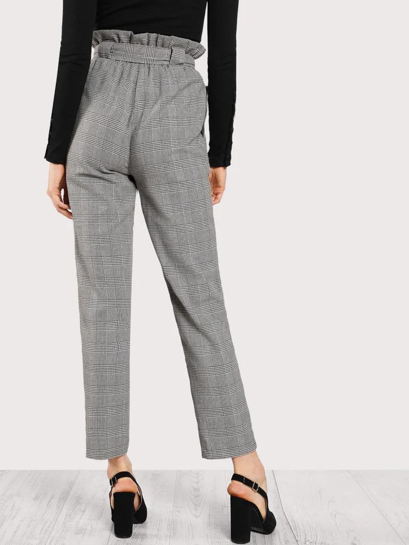 Frilled Tie Waist Plaid Pants