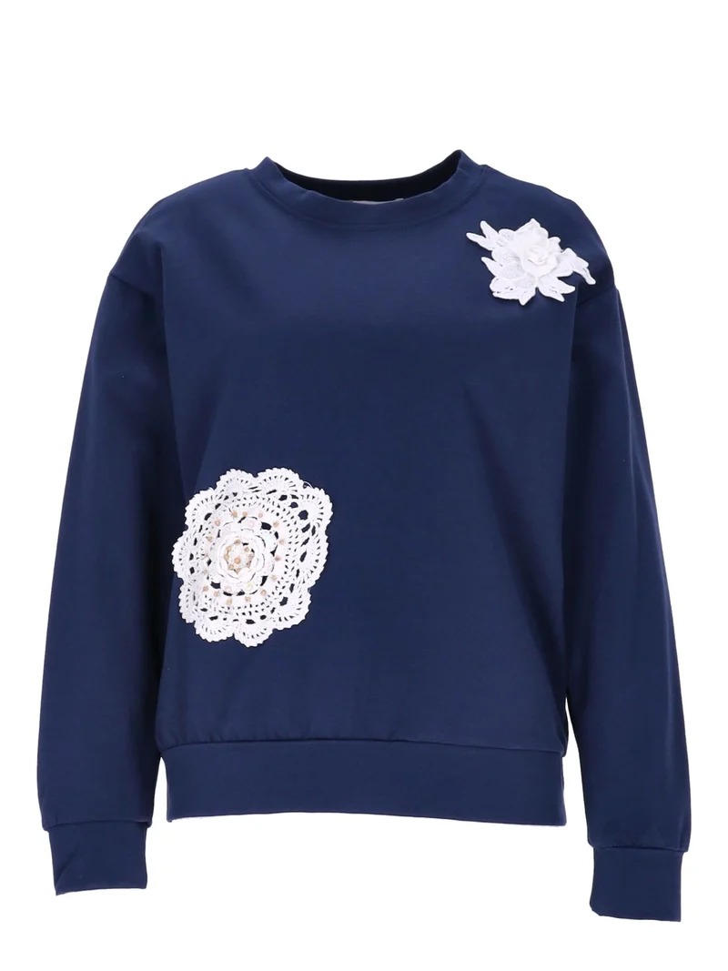 Damen Sweatshirt mit Blumenstickerei – Navy