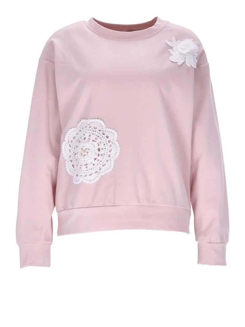 Damen Sweatshirt mit Blumenstickerei – Rosa