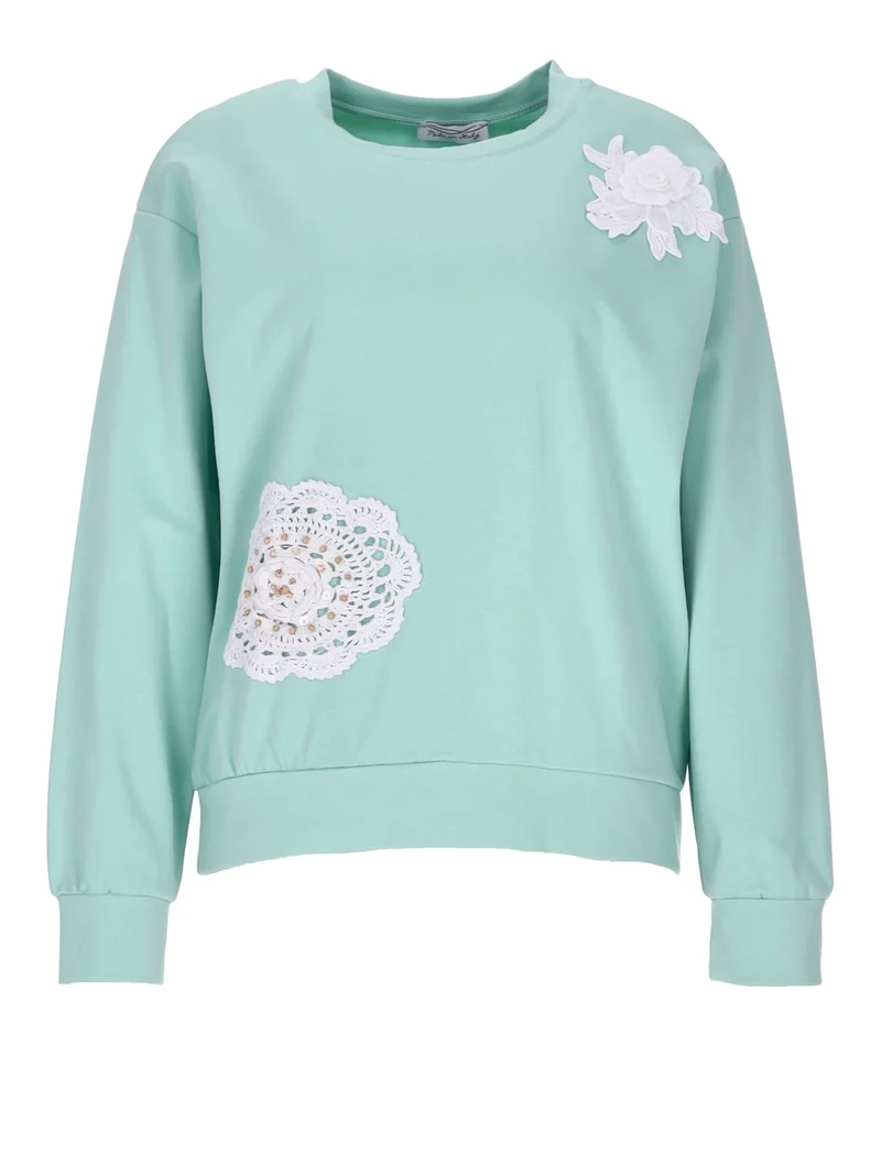 Damen Sweatshirt mit Blumenstickerei – Hellgrün
