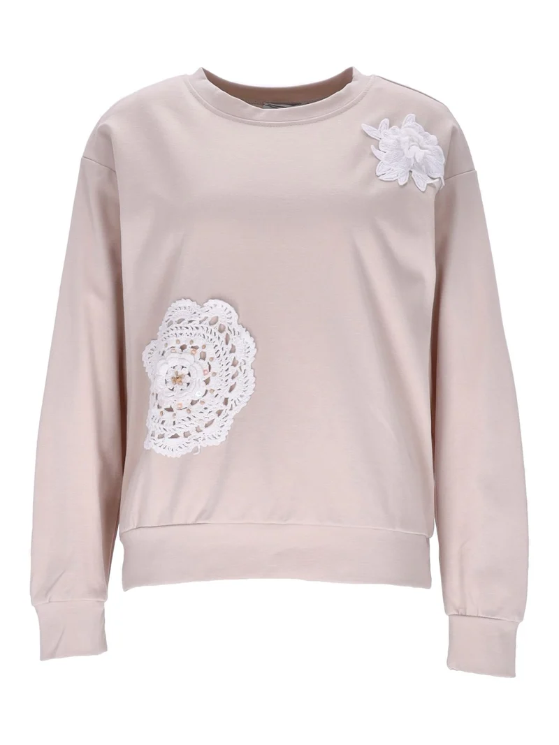 Damen Sweatshirt mit Blumenstickerei – Beige