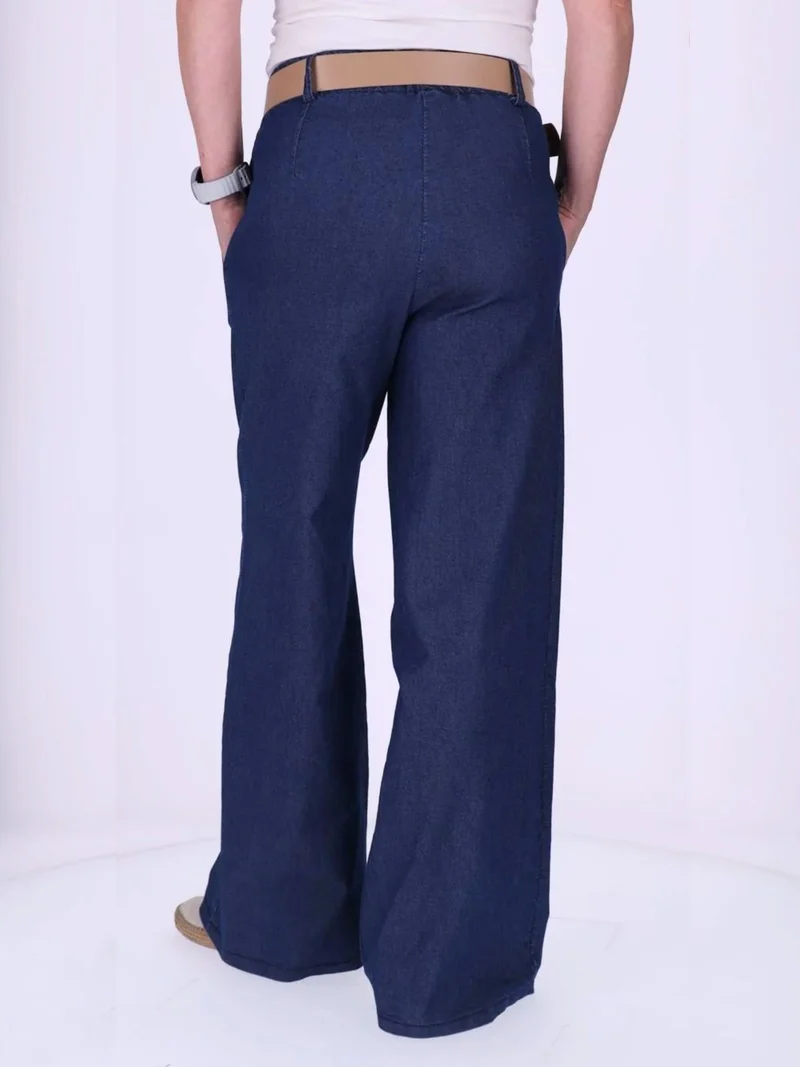 Dunkelblaue Damenhose im Boho-Stil mit weitem Bein