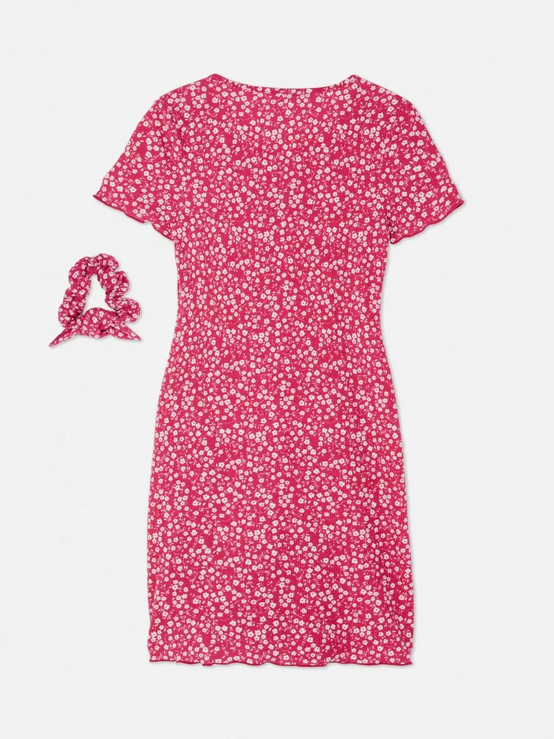 Floral Button-Up Dress And Scrunchie