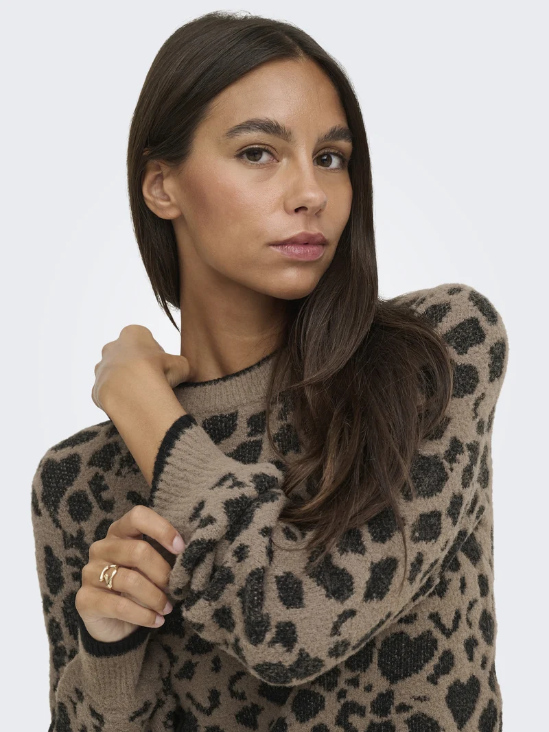 JDYLORRAINE ANIMAL L/S PULLOVER KNT, Walnut/BLACK LEOPARD HEARTS