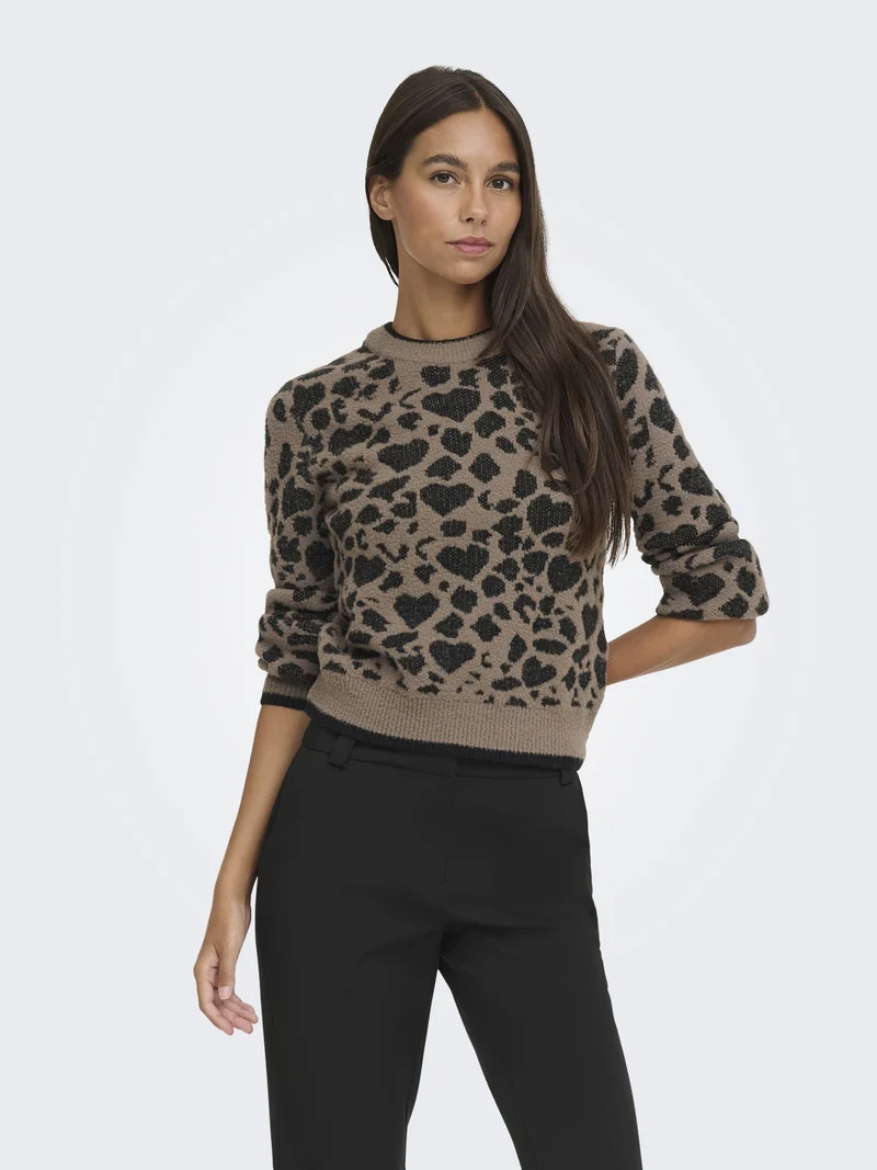 JDYLORRAINE ANIMAL L/S PULLOVER KNT, Walnut/BLACK LEOPARD HEARTS