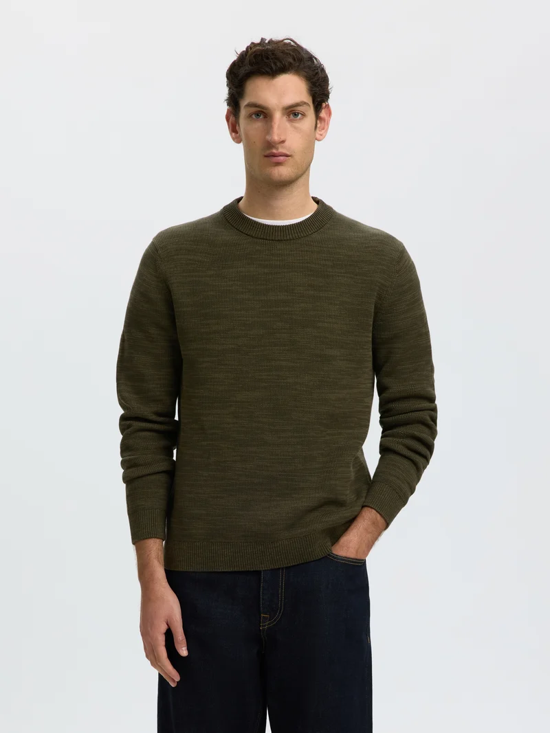SLMDANE LS KNIT REG STRUC CREW NECK, Forest Night/Kalamata Twist