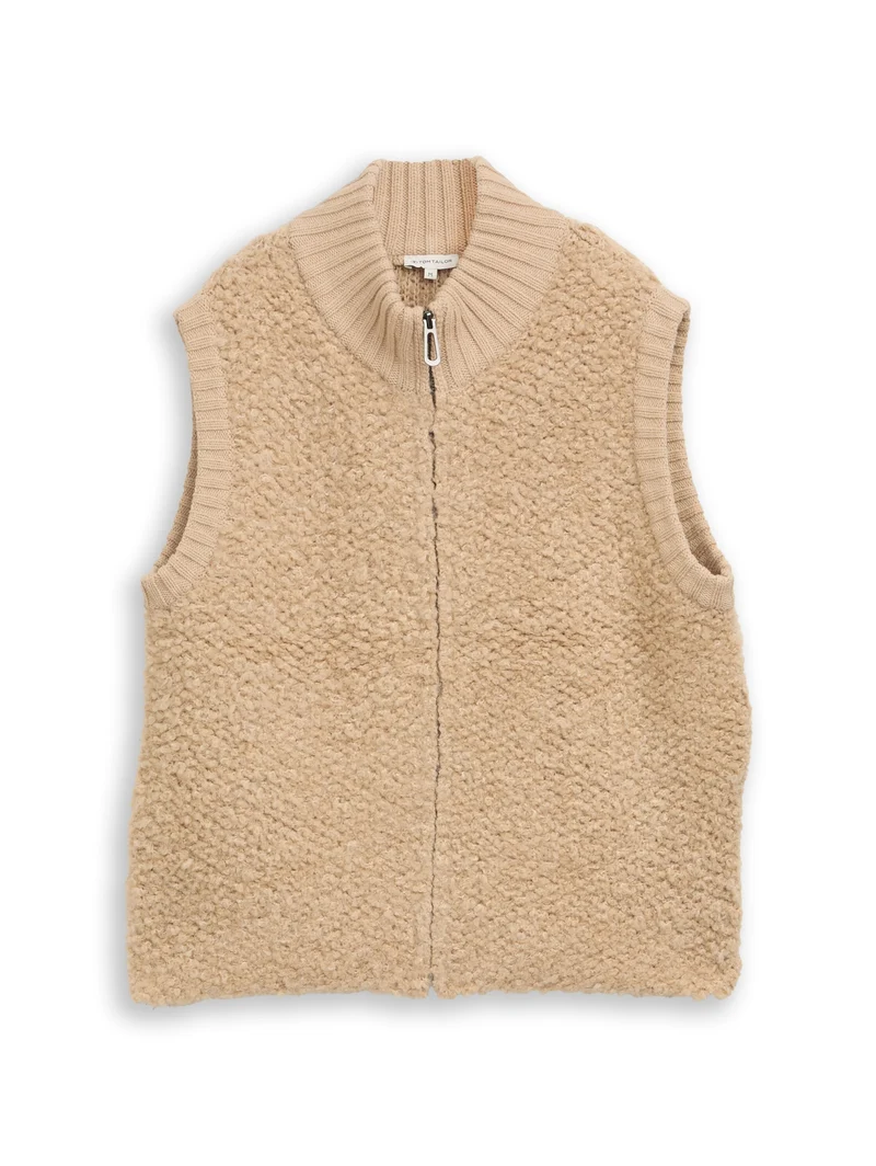 knit bouclé vest with zipper, gravel beige melange