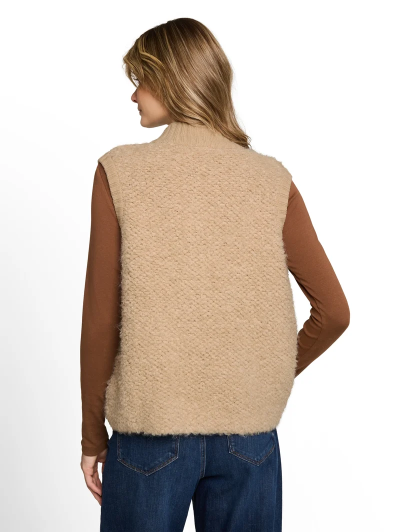 knit bouclé vest with zipper, gravel beige melange