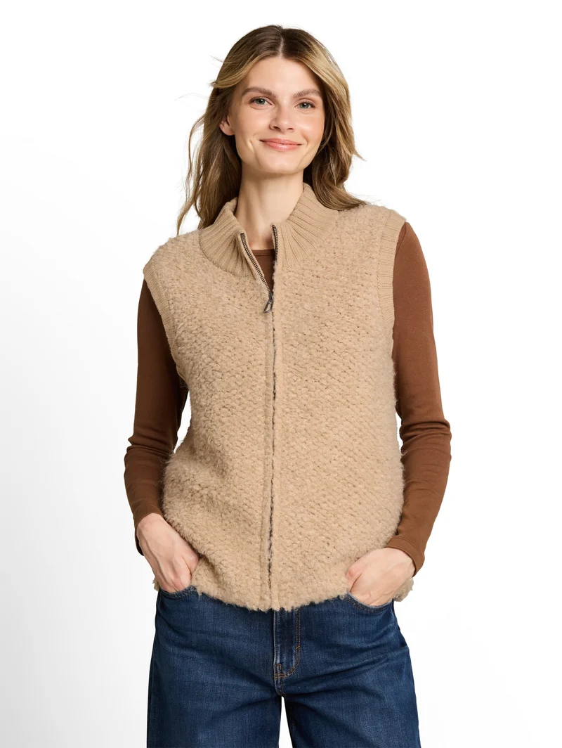 knit bouclé vest with zipper, gravel beige melange