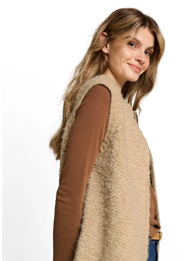 knit bouclé vest with zipper, gravel beige melange