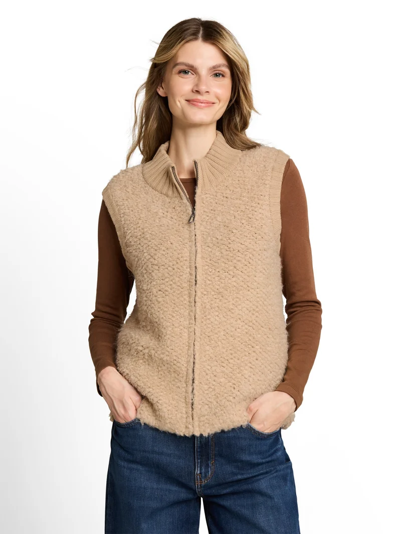 knit bouclé vest with zipper, gravel beige melange
