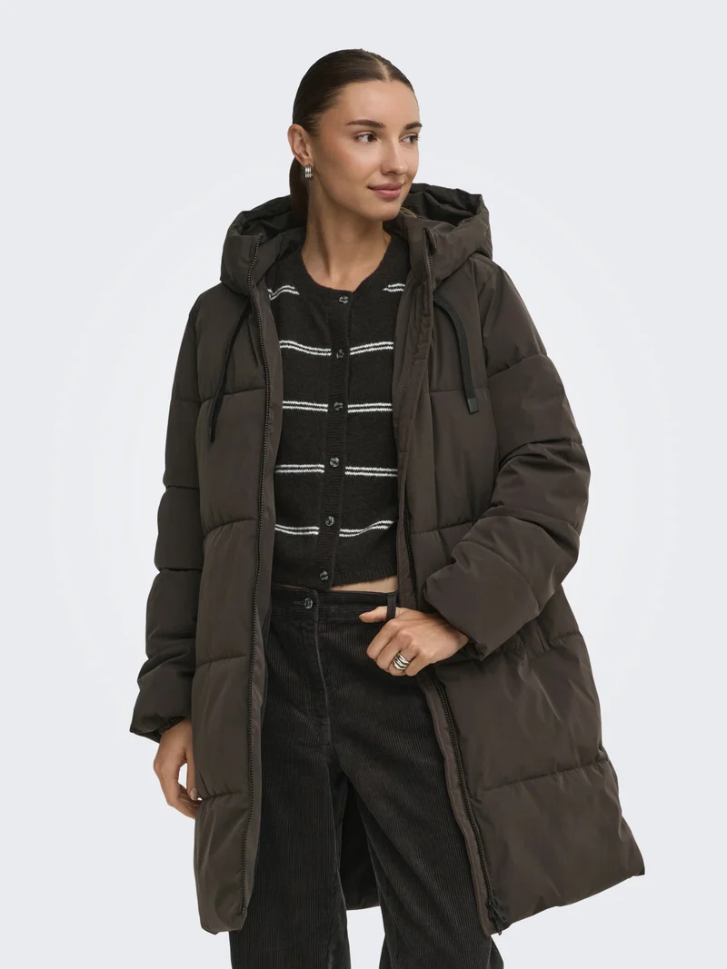JDYBLAIR LONG HOOD PUFFER OTW SIJ, Chocolate Torte/CONTRAST BLACK