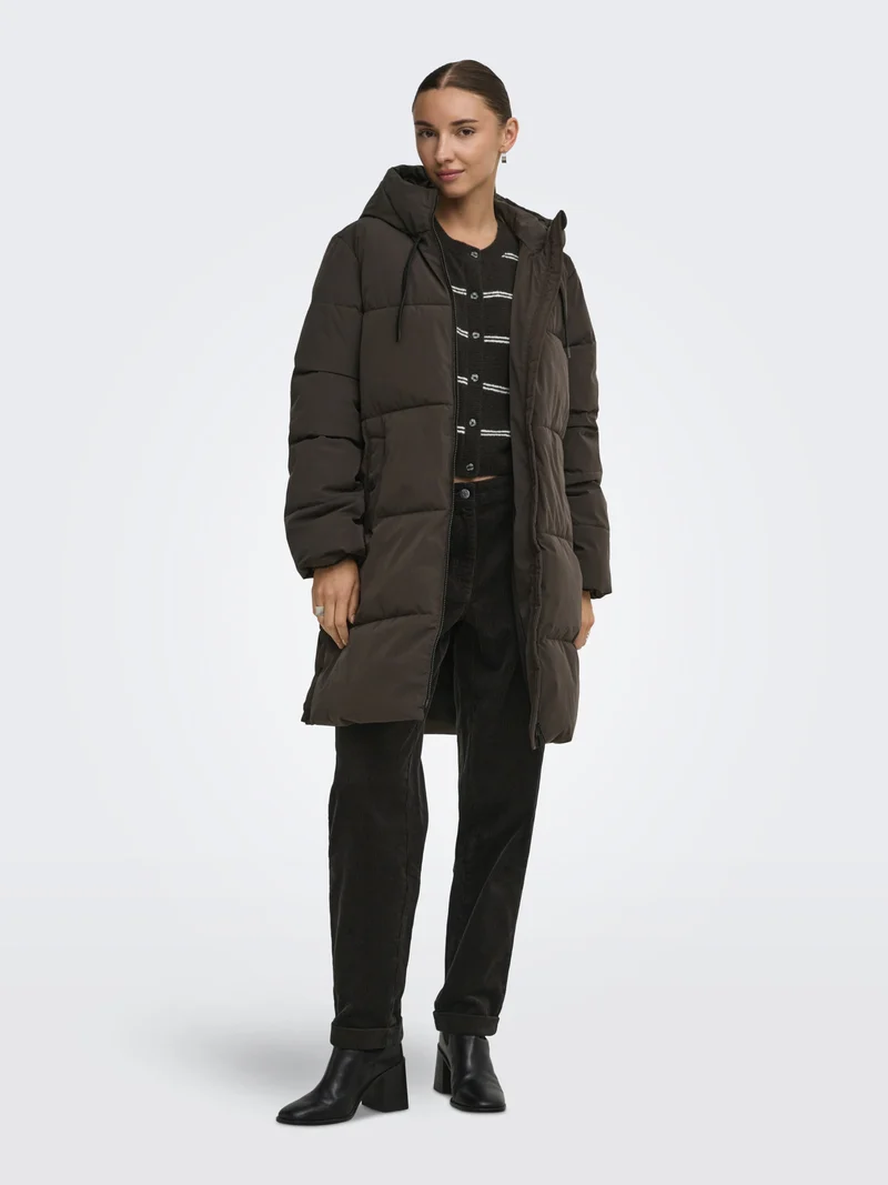 JDYBLAIR LONG HOOD PUFFER OTW SIJ, Chocolate Torte/CONTRAST BLACK