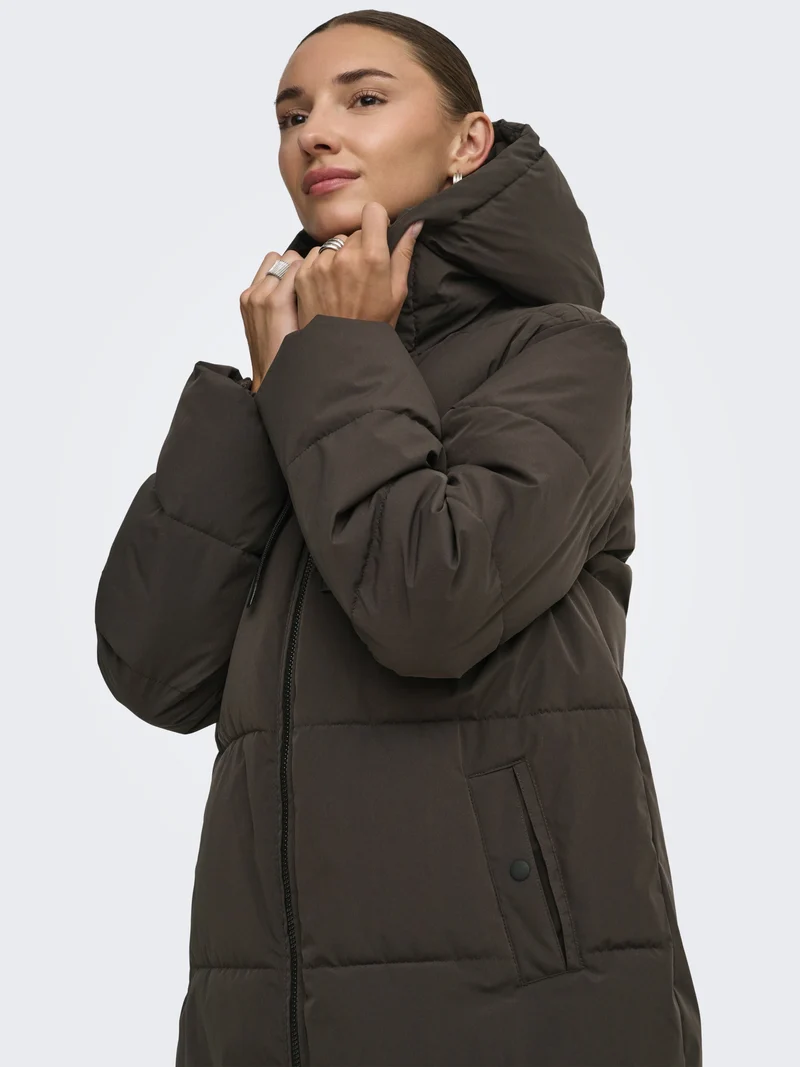 JDYBLAIR LONG HOOD PUFFER OTW SIJ, Chocolate Torte/CONTRAST BLACK