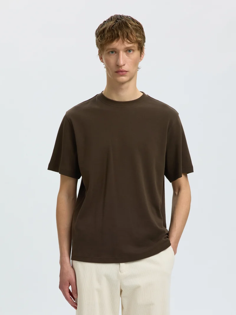 SLMTAJ MID WGT PEACH SS O-NECK TEE, Turkish Coffee