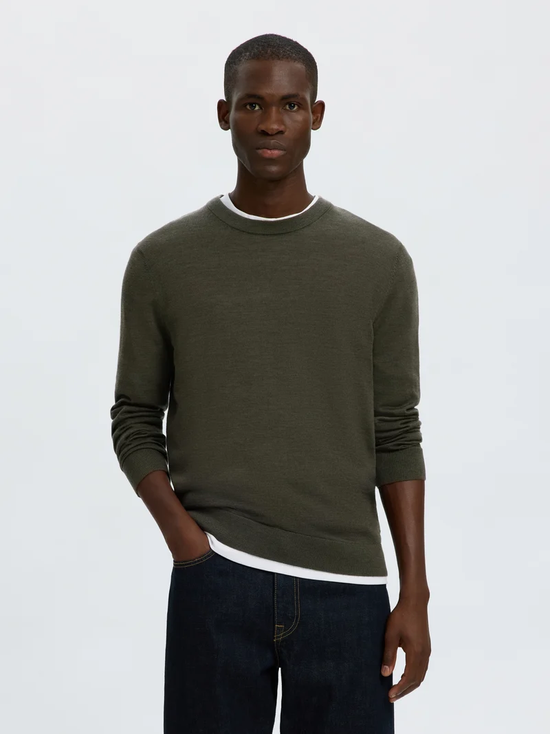 SLMTRAY LS KNIT REG MERINO CREW NOO, Forest Night