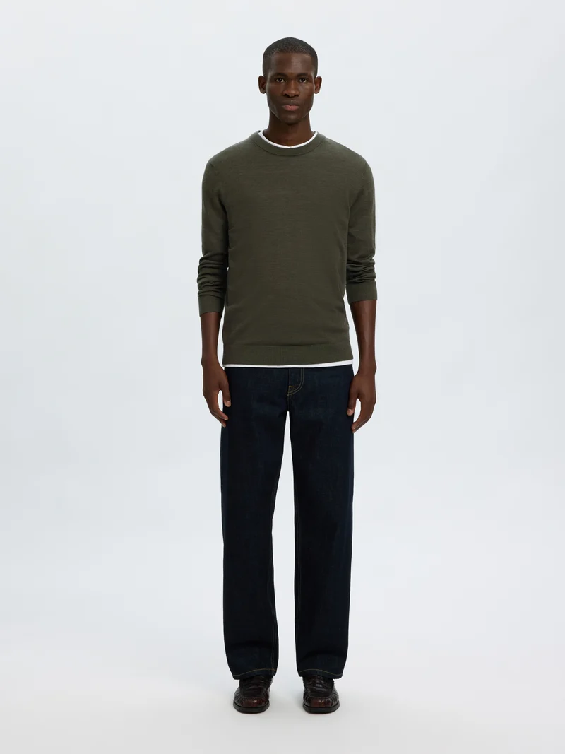 SLMTRAY LS KNIT REG MERINO CREW NOO, Forest Night