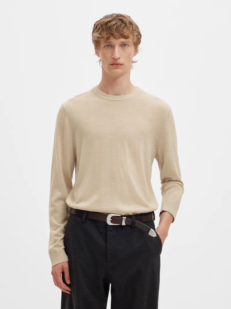 SLMTRAY LS KNIT REG MERINO CREW NOO, Oatmeal/Melange
