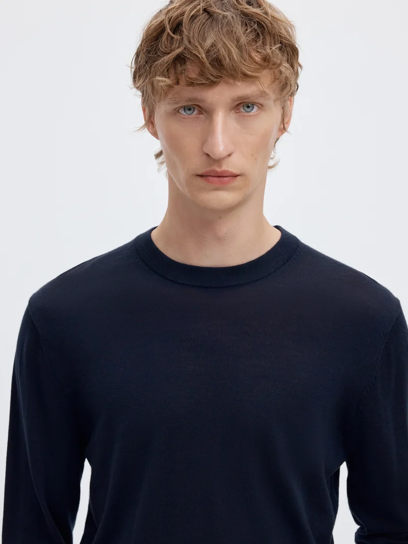 SLMTRAY LS KNIT REG MERINO CREW NOO, Navy Blazer