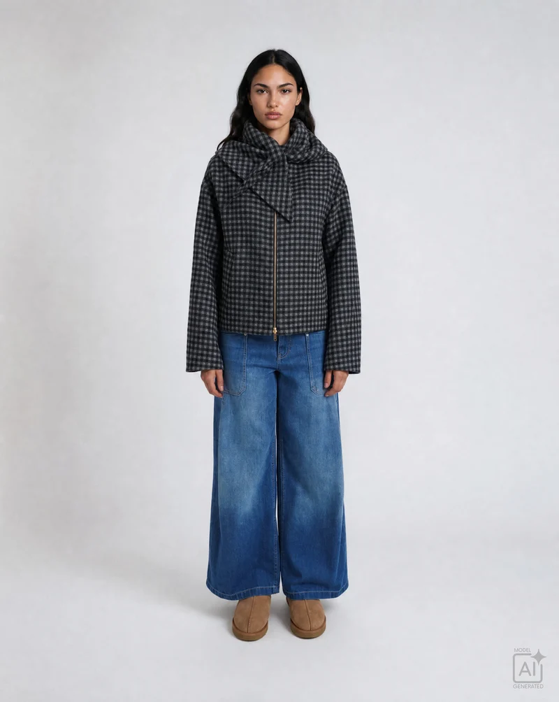 SHORT WOOL JACKET WITH SCARF, MARINE PRINT