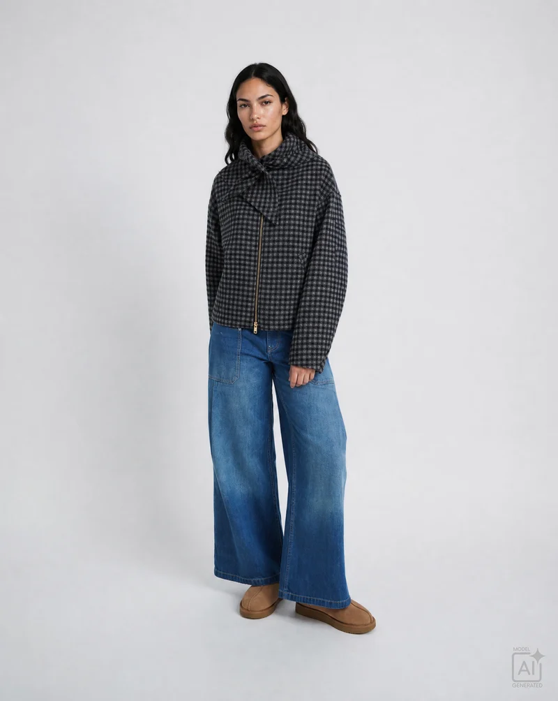 SHORT WOOL JACKET WITH SCARF, MARINE PRINT