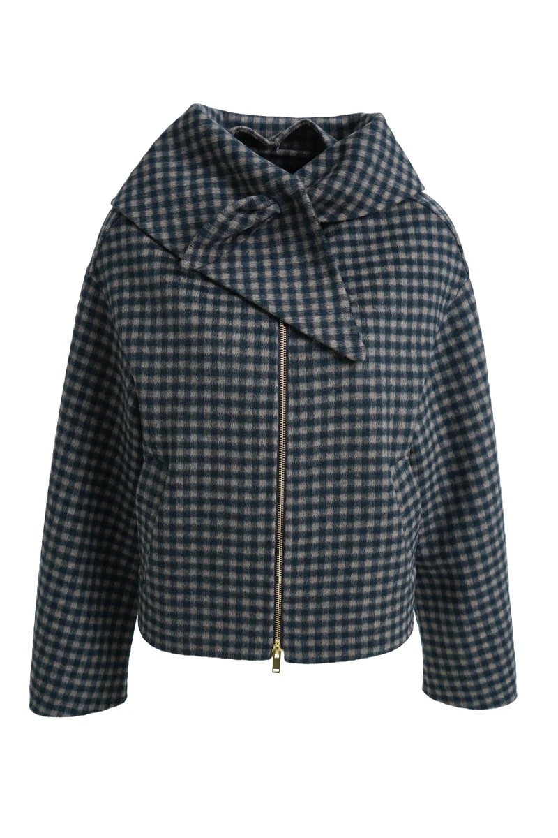 SHORT WOOL JACKET WITH SCARF, MARINE PRINT