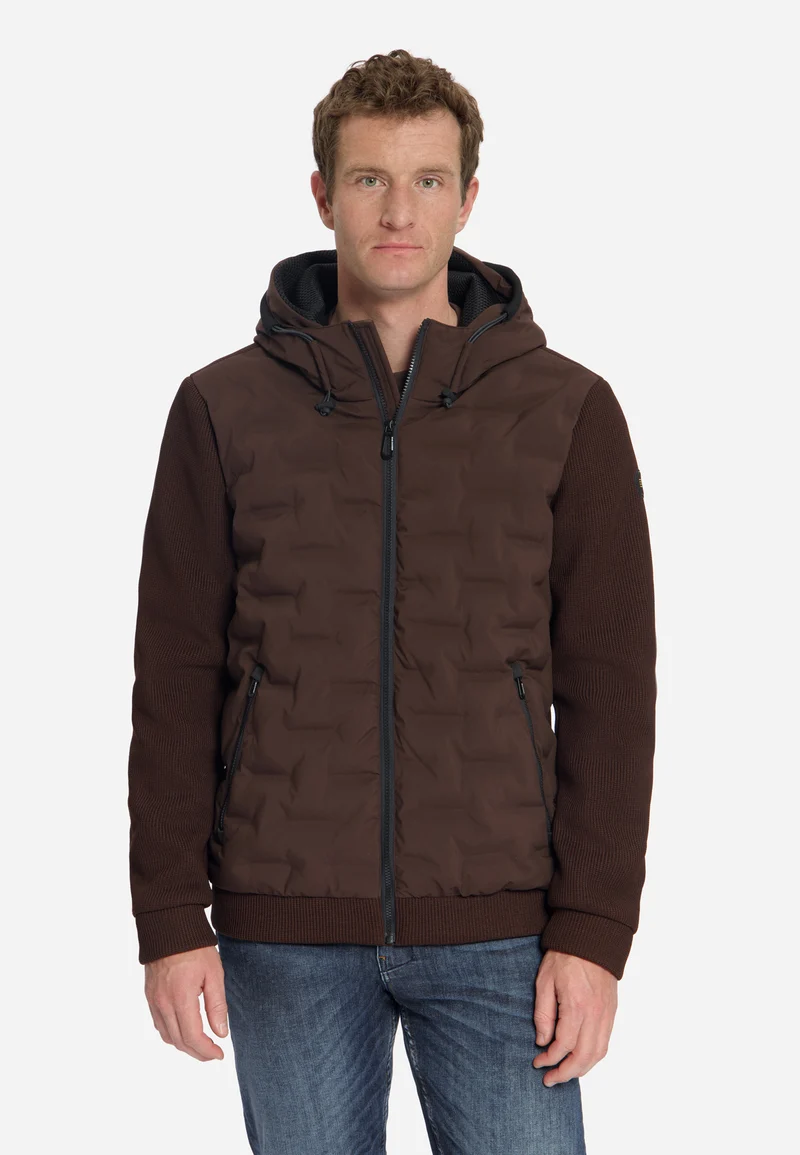 Jacket Short Fit Sealed Hooded Knitted Mix, Dark Brown