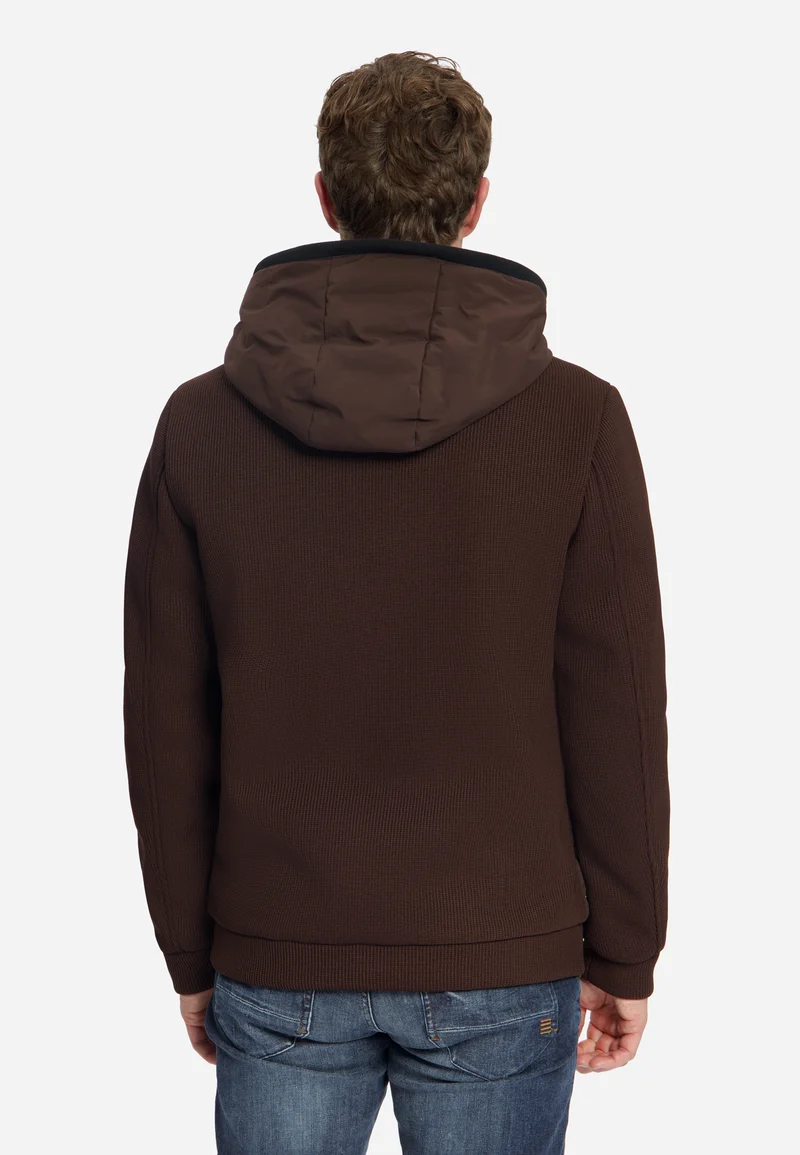Jacket Short Fit Sealed Hooded Knitted Mix, Dark Brown