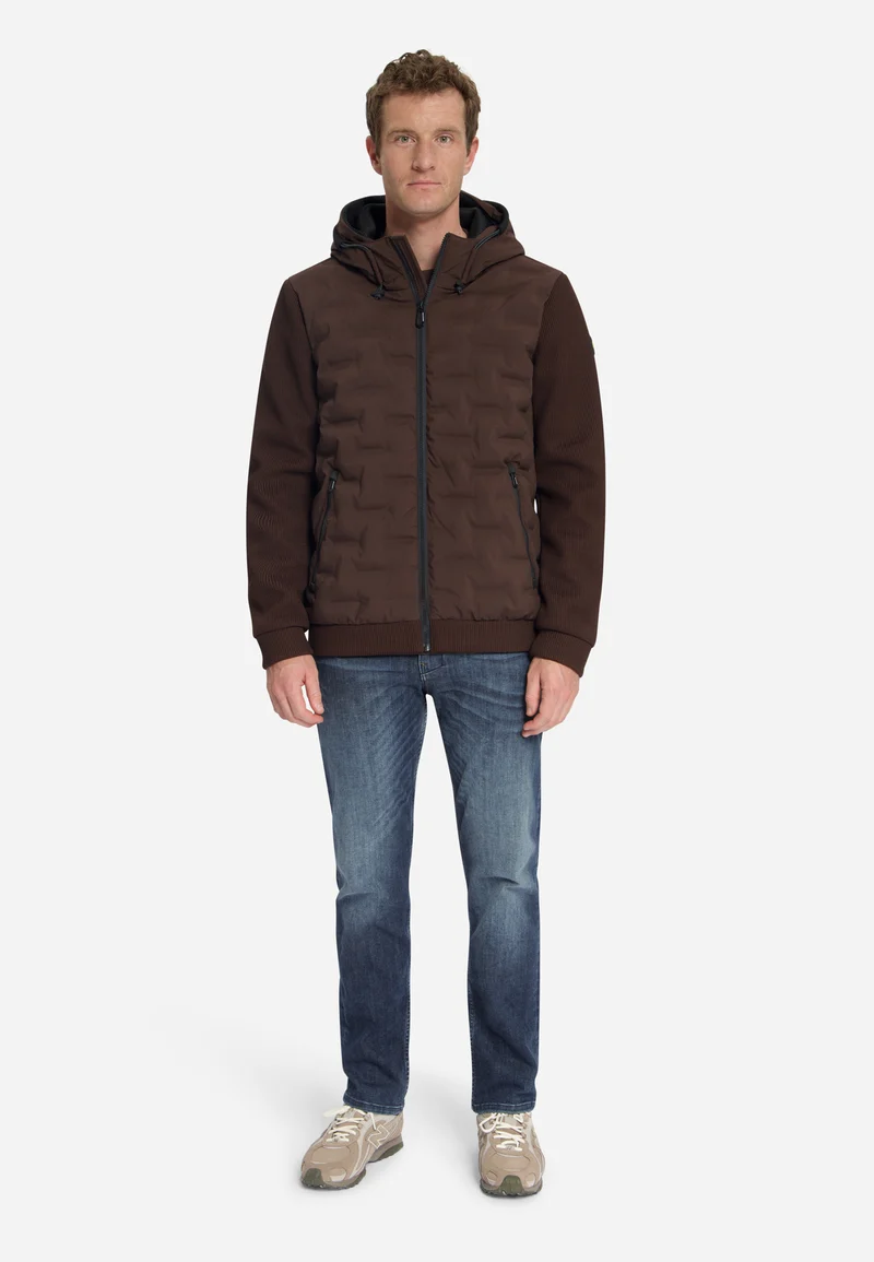 Jacket Short Fit Sealed Hooded Knitted Mix, Dark Brown