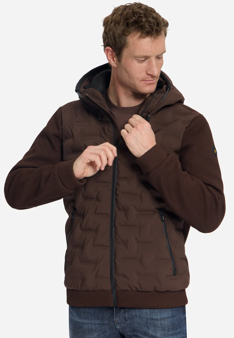 Jacket Short Fit Sealed Hooded Knitted Mix, Dark Brown