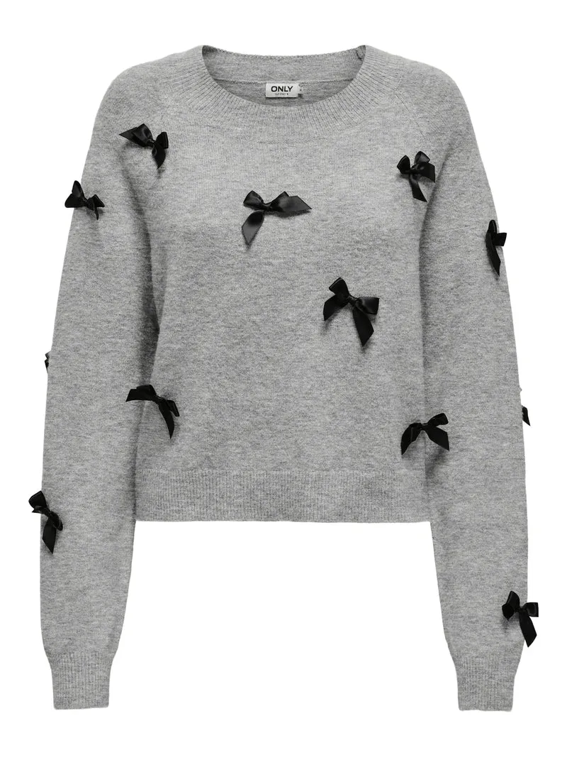 ONLNOELLE LS BOW PULLOVER KNT, Light Grey Melange/W. Black Bows