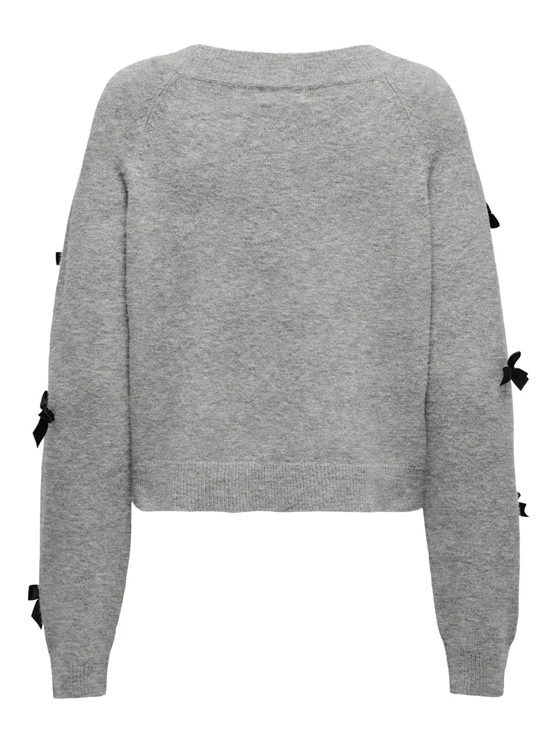 ONLNOELLE LS BOW PULLOVER KNT, Light Grey Melange/W. Black Bows