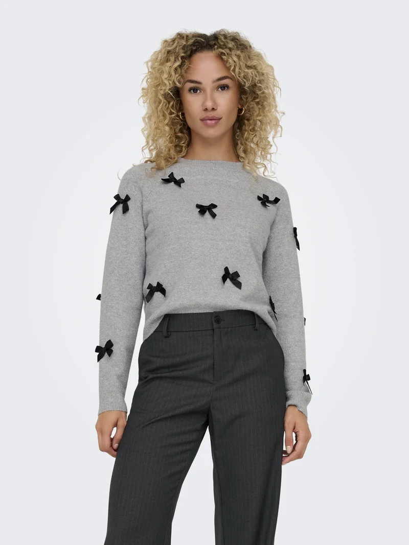 ONLNOELLE LS BOW PULLOVER KNT, Light Grey Melange/W. Black Bows