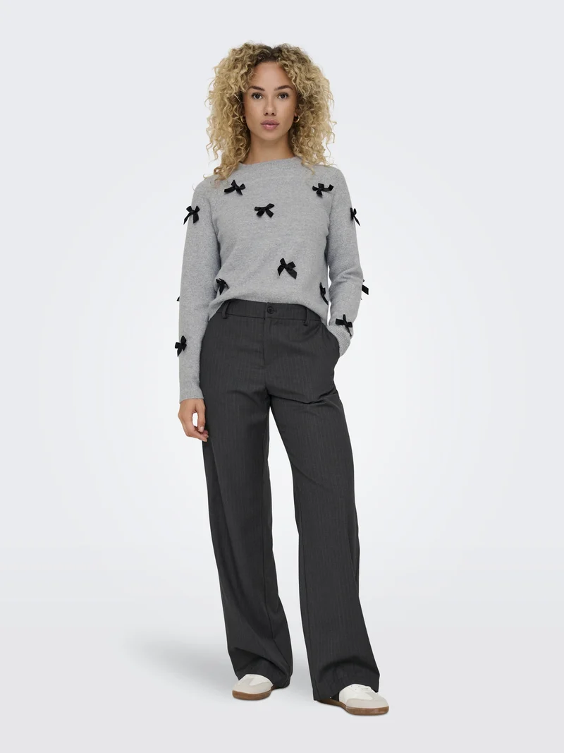ONLNOELLE LS BOW PULLOVER KNT, Light Grey Melange/W. Black Bows
