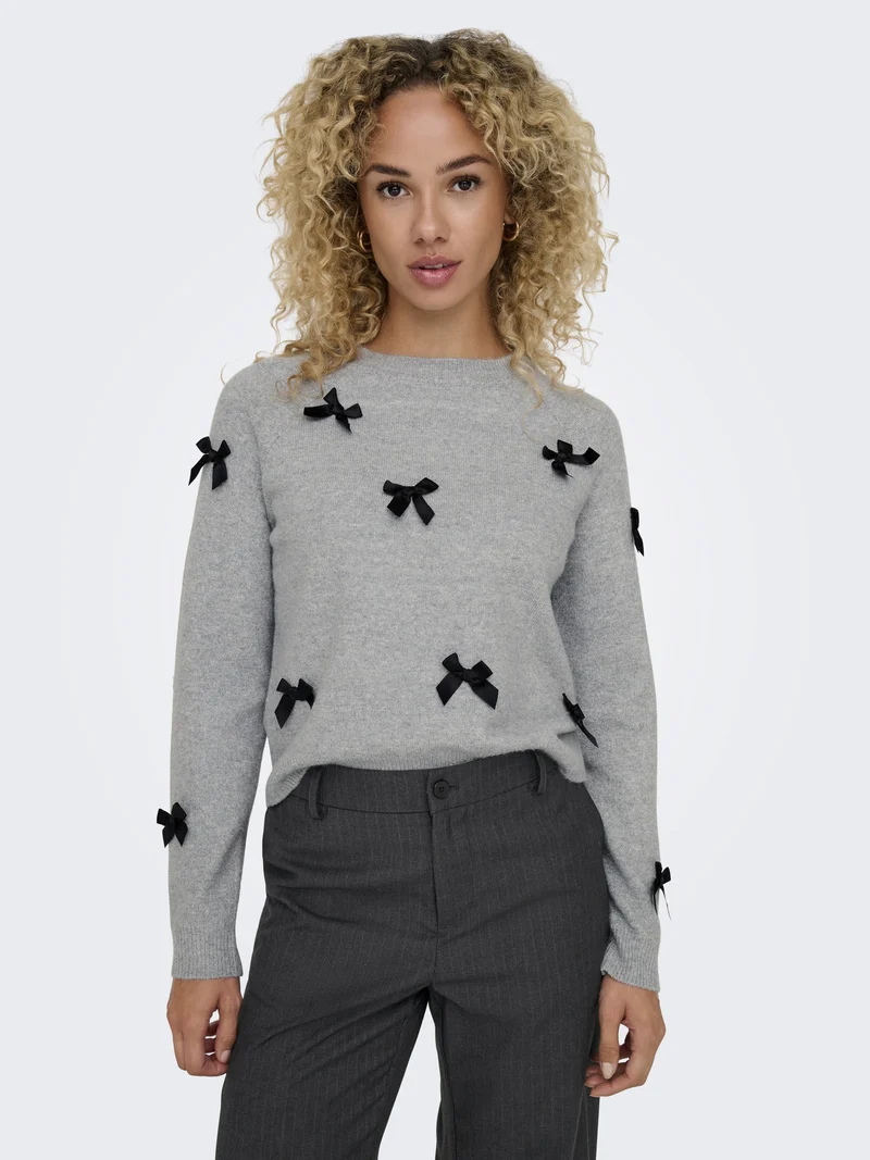ONLNOELLE LS BOW PULLOVER KNT, Light Grey Melange/W. Black Bows
